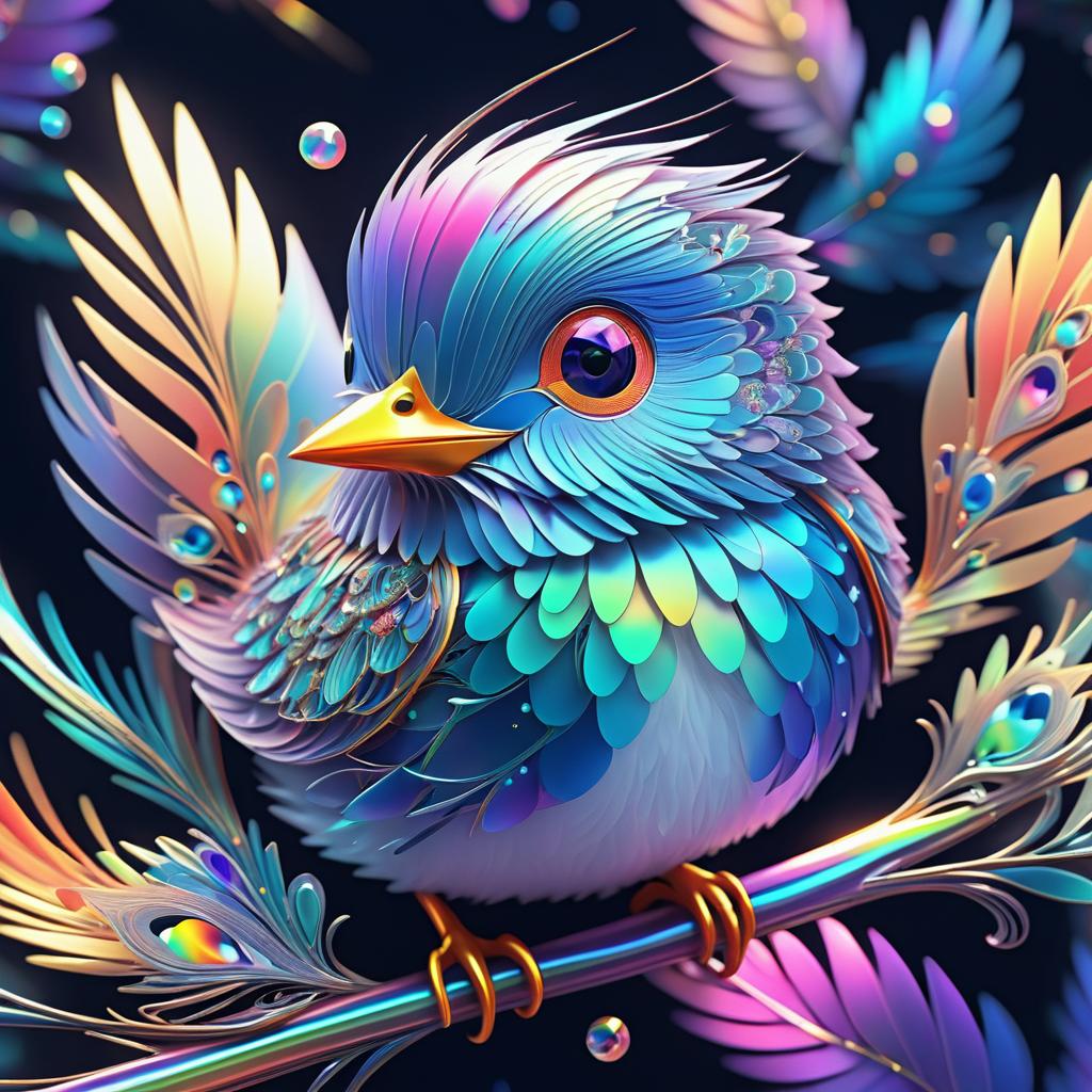 Whimsical Colorful Birds in Holographic Art