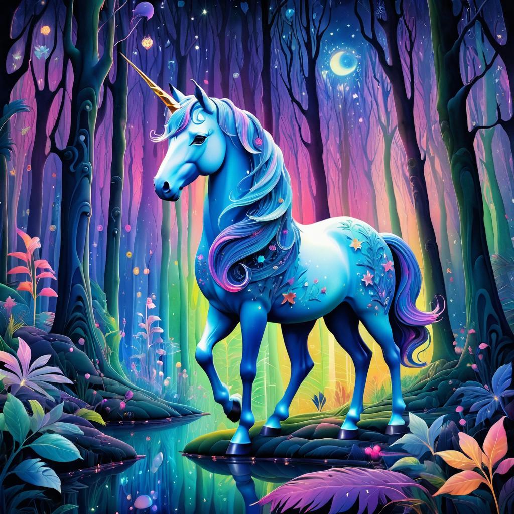 Magical Unicorns in a Night Forest