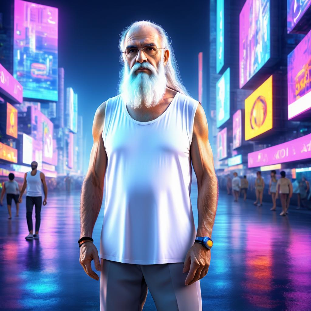 Elderly Man in a Neon Cyberpunk City