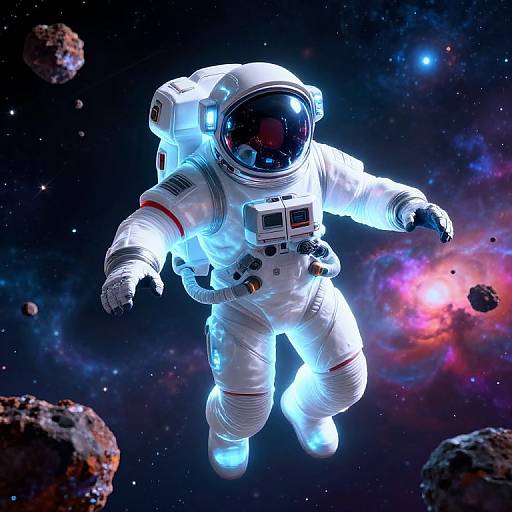Photorealistic CGI of a glowing white astronaut floating in space, surrounded by colorful nebulae and rocky asteroids, with a reflective helmet and illuminated spaces
