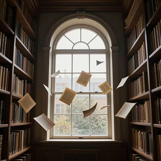 Photograph of a library window with arched glass, surrounded by dark wooden bookshelves. Papers float mid-air in front of the bright, sun
