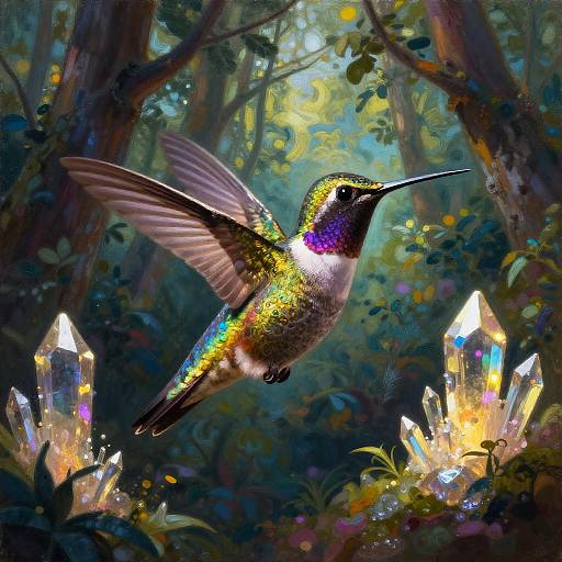 Digital painting of a vibrant, iridescent hummingbird with rainbow feathers flying amid a lush forest, surrounded by glowing, colorful crystals.