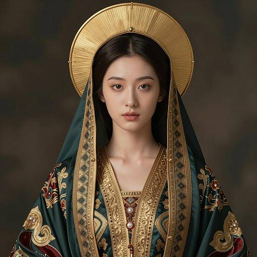 Woman in Elaborate Traditional Attire with Golden Halo