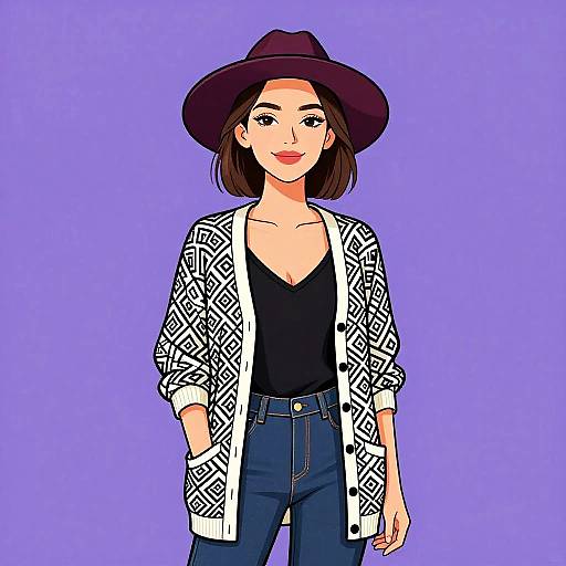 Digital illustration of a smiling woman with short brown hair, wearing a black hat, black V-neck top, white patterned cardigan, and blue jeans