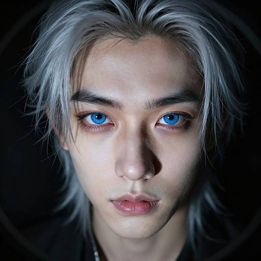 Digital portrait of an androgynous person with striking blue eyes, pale skin, and silver hair, set against a dark background.