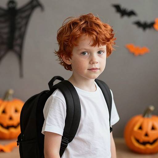 Photograph of a young boy with red curly hair, wearing a white shirt and black backpack, standing in a Halloween-decorated room with carved pump