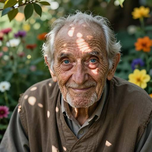 Photograph of an elderly man with white hair, blue eyes, and a beard, smiling outdoors. Sunlight filters through leaves, casting shadows on his