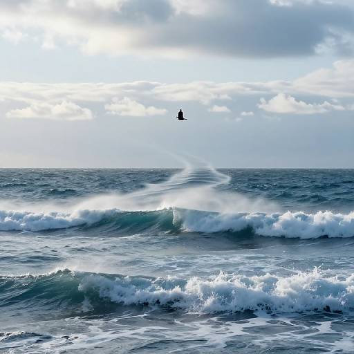 Photograph of a turbulent ocean with white-capped waves, a solitary seagull flying above, and a partly cloudy sky.