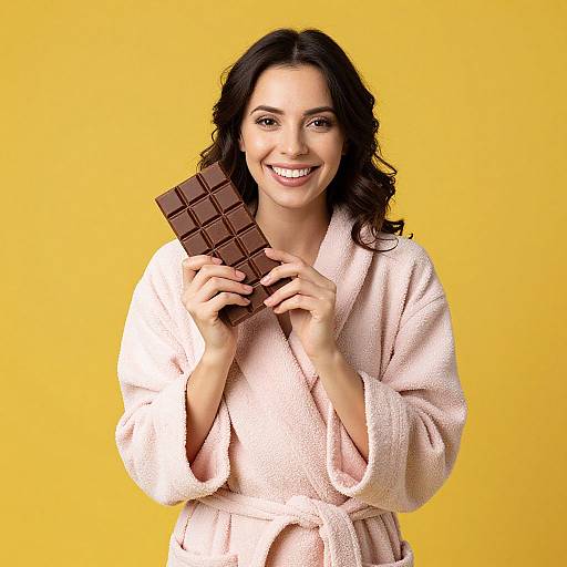Joyful Woman Holding Dark Chocolate