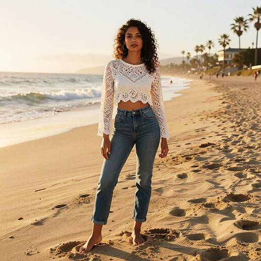 Young woman standing on sunny beach at sunset