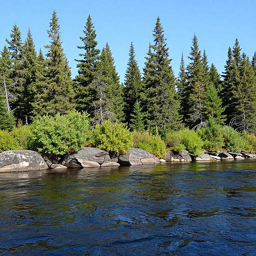 Photograph of a serene river flowing through a forest of tall, green pine trees and rocky shorelines, under a clear blue sky.