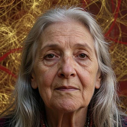 Close-up photograph of an elderly woman with long, gray hair, wrinkled skin, and brown eyes, set against a golden, intricate background.