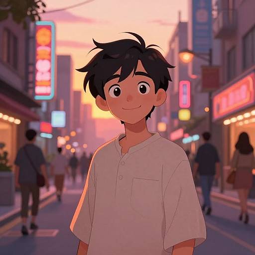 Anime-style digital drawing of a smiling young boy with black hair, wearing a white shirt, standing on a busy, neon-lit city street at sunset