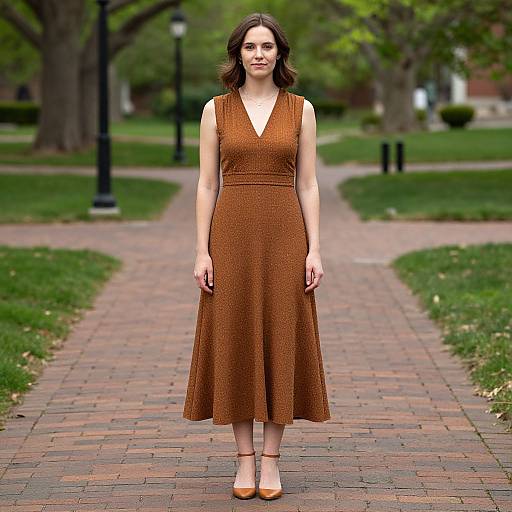Woman in Brown Dress on Walkway