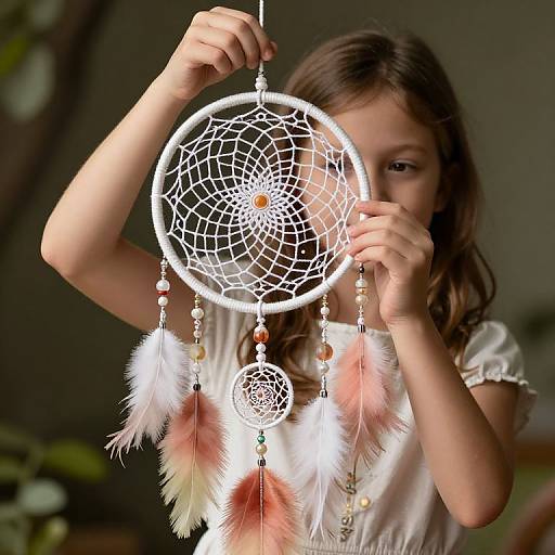 Photograph of a young girl with long brown hair, holding a white dreamcatcher with pink and white feathers, beaded strings, and intricate web