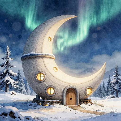 Fairy-tale cottage shaped like a glowing crescent moon, illuminated by warm lights, nestled in a snowy forest under vibrant northern lights.