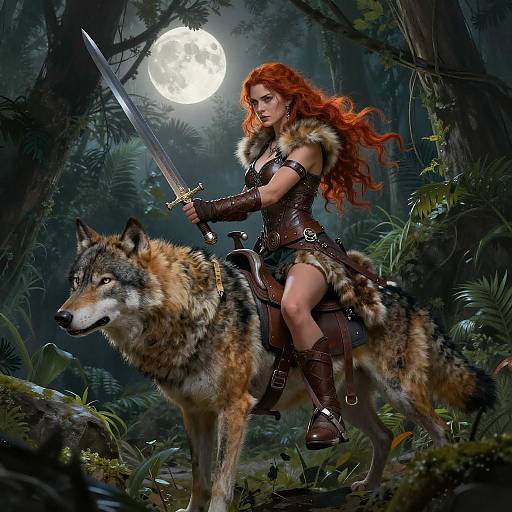 Fierce Huntress Riding Her Wolf