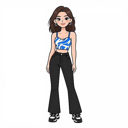 Digital illustration of a confident young woman with long brown hair, wearing a blue and white crop top, high-waisted black pants, and black sneakers