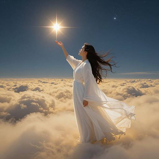 Woman in White Robes Above Clouds