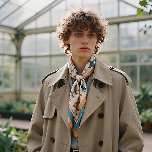 Non-binary Model in Trench Coat and Silk Scarf in Greenhouse