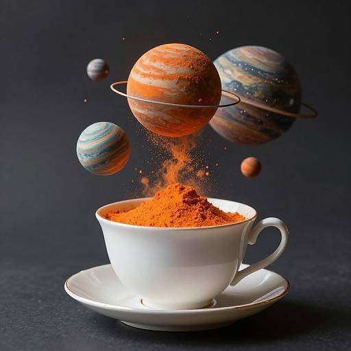 Photograph of a white teacup with bright orange powder, releasing sparks, surrounded by floating, detailed planets against a dark background.