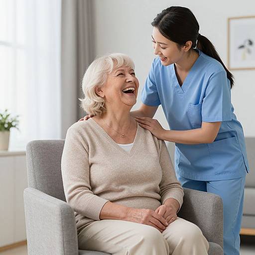 Photograph of a smiling elderly woman with white hair in a beige sweater, sitting in a gray chair, as a smiling Asian nurse in blue scrubs