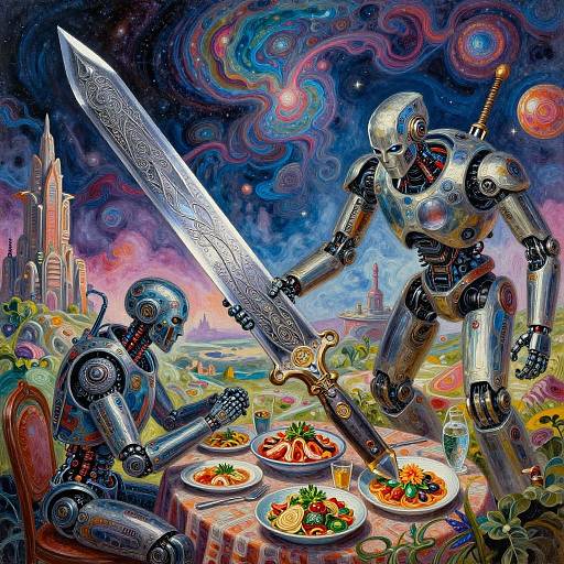 Hyperrealistic Damascus Steel Sci-Fi Scene