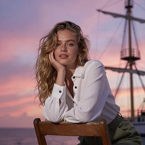 Young Woman at Sunset with Ship Mast