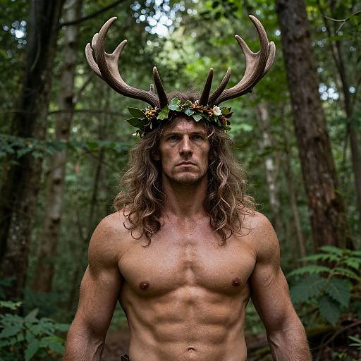 Photograph of a muscular, shirtless man with long brown hair, wearing a deer antler headpiece and leafy crown, standing in a dense