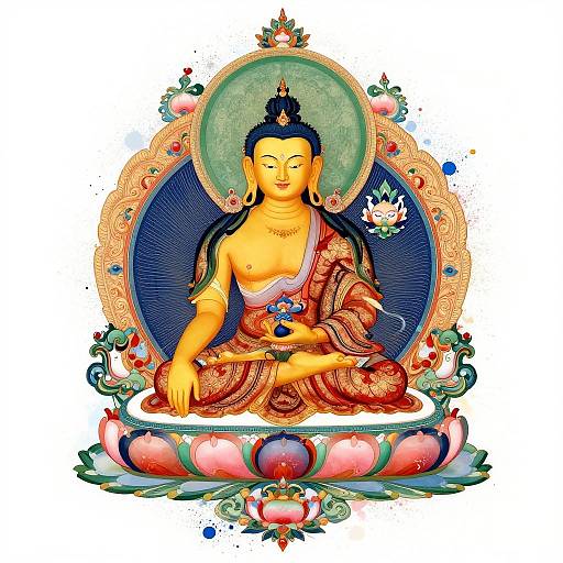 Colorful digital illustration of a serene Buddha with golden skin, blue hair, and red-orange robes, seated on a lotus, surrounded by ornate