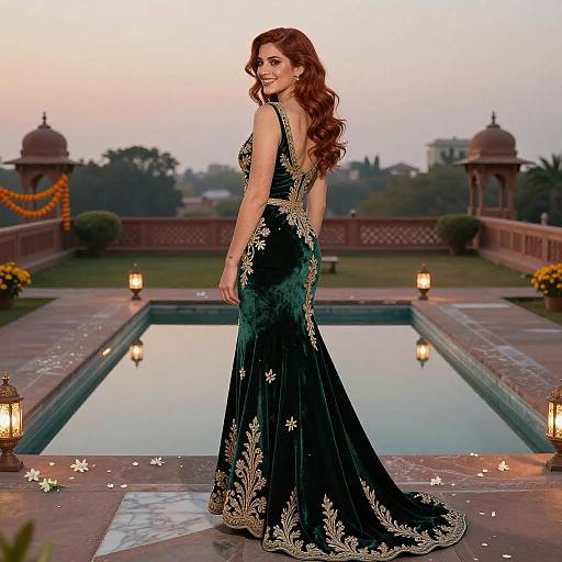 Elegant Woman in Mughal Garden at Dusk