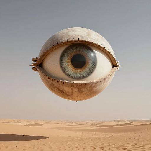 CGI image of a metallic, spherical, single-eyed spacecraft with a large, detailed blue and white eye, hovering over a vast, sandy desert under