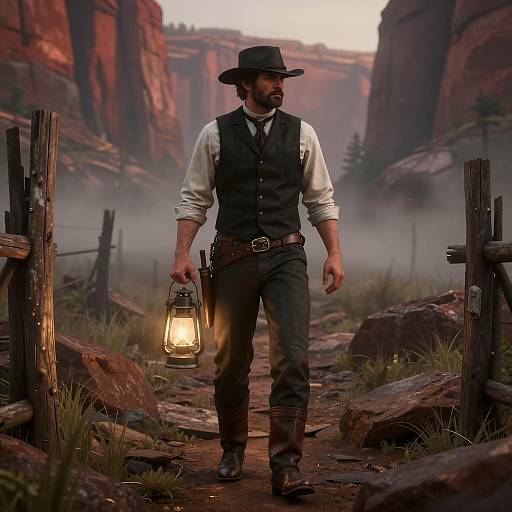 Cowboy with Lantern Walking in Rocky Canyon Path