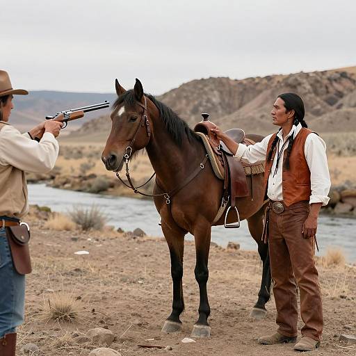 Dynamic Western Scene with Native American Portrait