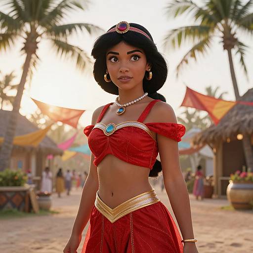 Digital illustration of a young, dark-skinned woman in a red, off-shoulder, midriff-baring traditional outfit, adorned with gold