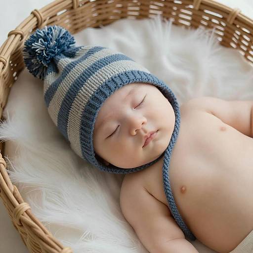 Sleeping Baby in Knitted Hat in Basket