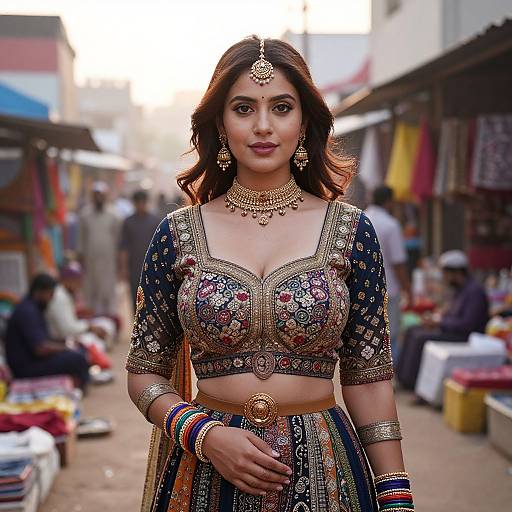 Photograph of an Indian woman in ornate traditional attire with intricate embroidery, gold jewelry, and a headpiece, standing confidently in a bustling market street