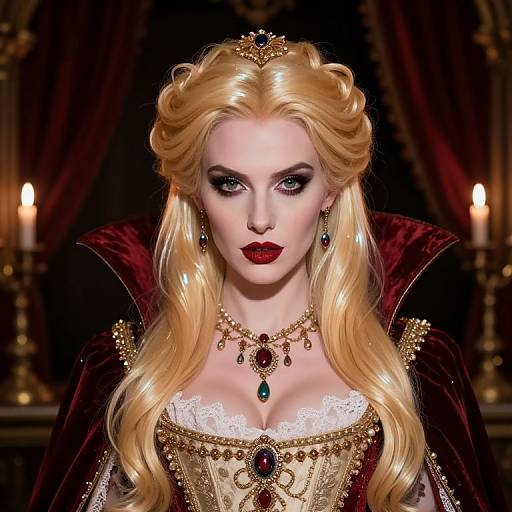 Digital art of a regal blonde queen with long, wavy hair, red lips, and blue eyes, wearing an ornate gown and crown,