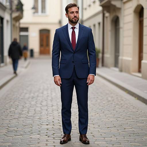Photograph of a bearded man in a dark blue suit, white shirt, red tie, and brown shoes standing on a cobblestone street in