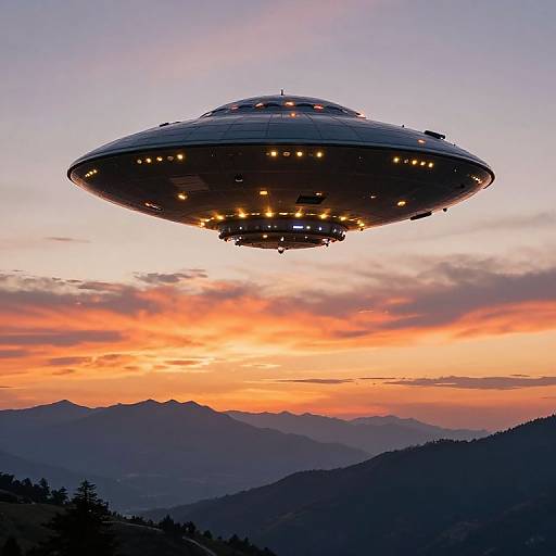 Photograph of a UFO hovering above a mountainous landscape at sunset, with vibrant orange and pink skies and silhouetted trees.