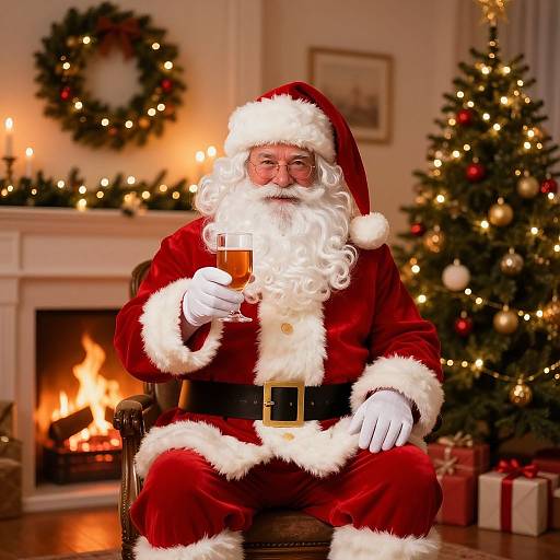 Photograph of Santa Claus in red suit with white trim, holding a glass of eggnog, sitting by a lit fireplace, decorated Christmas tree in