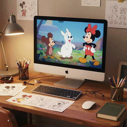 Photograph of a wooden desk with an iMac displaying Minnie Mouse and a white bunny, surrounded by sketches, pencils, and a lamp.
