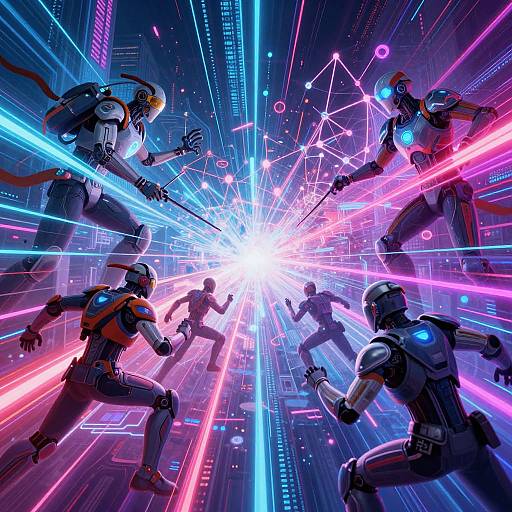 Digital artwork of five futuristic, neon-lit humanoid robots in dynamic, action-ready poses, converging towards a bright white central light, surrounded by vibrant