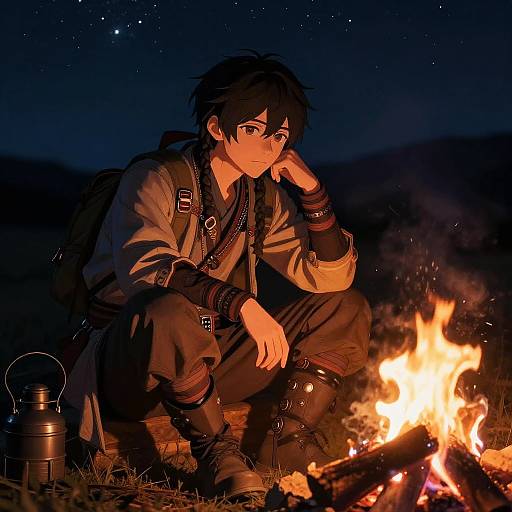 Anime-style illustration of a young man with short black hair, wearing a brown robe and backpack, crouching by a campfire under a starry
