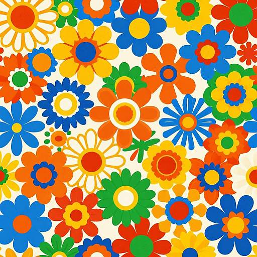 Vibrant, colorful, abstract floral pattern with blue, orange, yellow, red, and green flowers on a white background, digital art style.