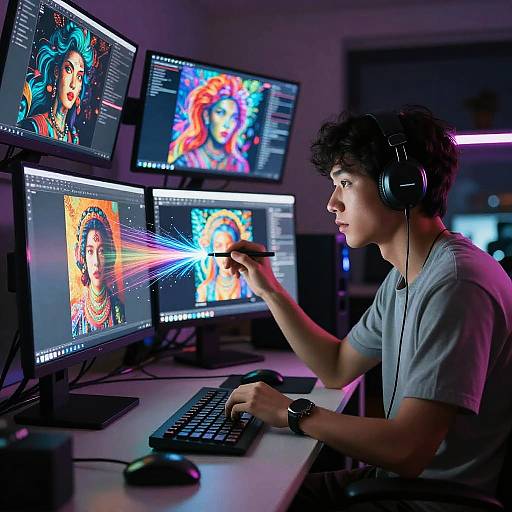 Photograph of a young man with curly hair, wearing headphones, creating vibrant digital art on multiple monitors in a dimly lit room.