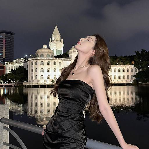 Woman in Black Satin Dress by Lake at Night