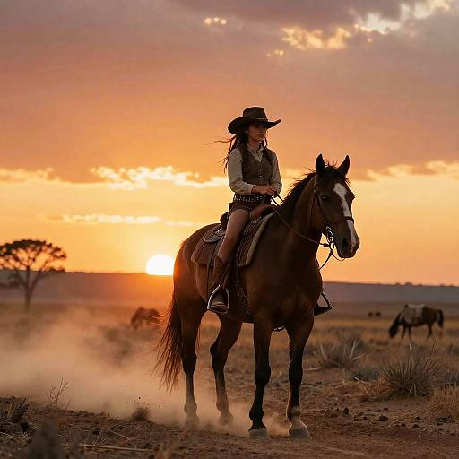 Young Girl Riding Horse at Sunset