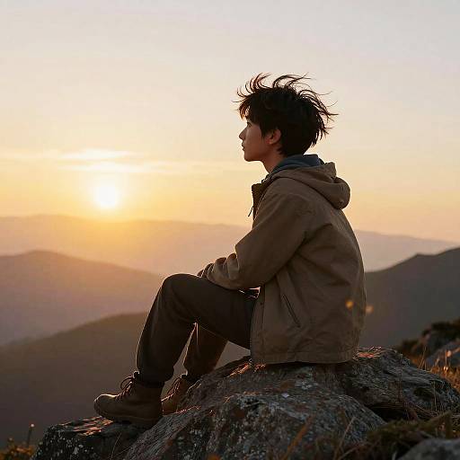3D Boy on Mountain at Sunset