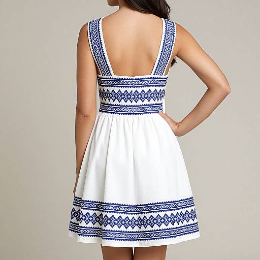 Photograph of a woman from behind, wearing a white sleeveless dress with blue embroidered patterns on the straps, waist, and hem.
